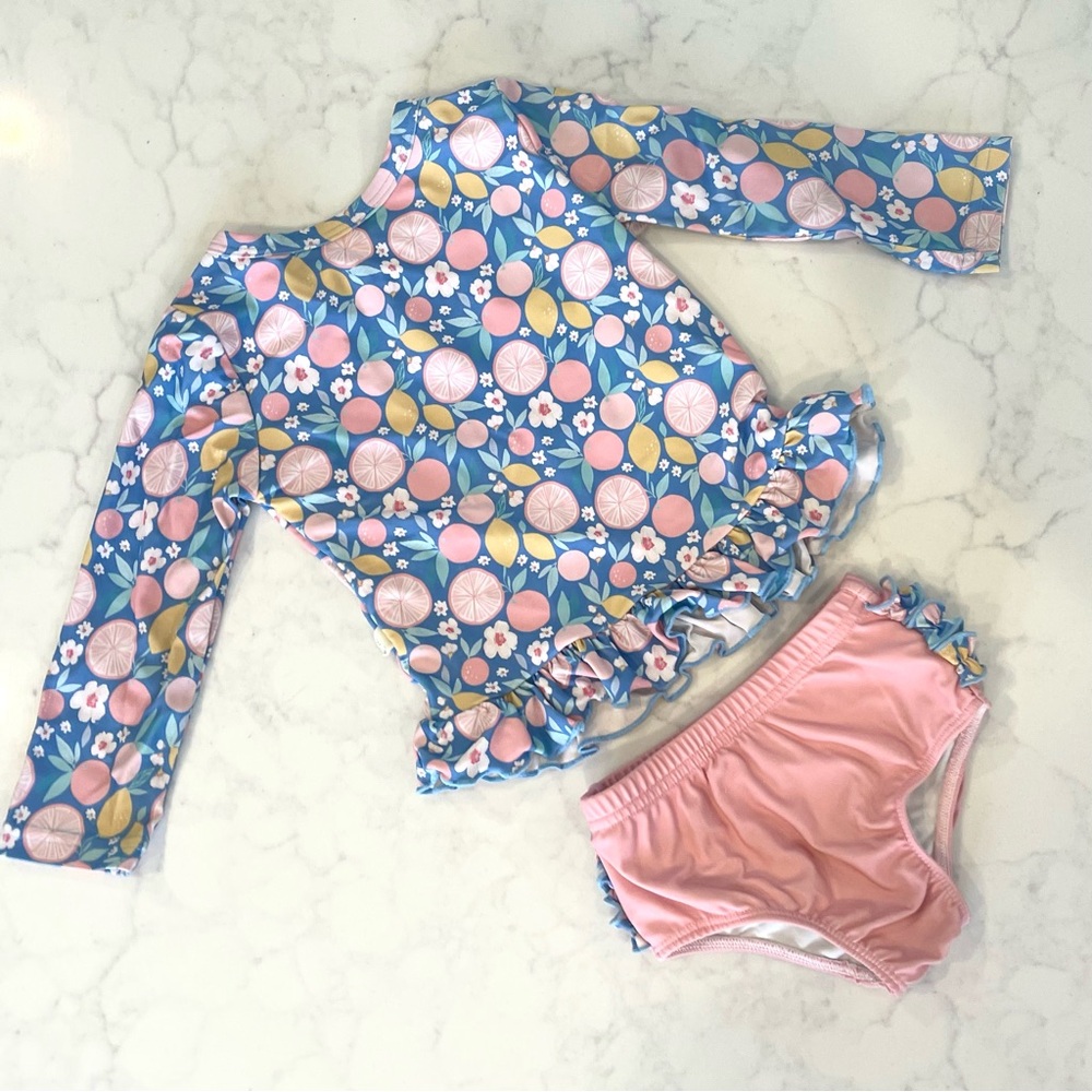 Charming Mary Floral Kids Rash-guard Swim Set - blue and pink citrus print